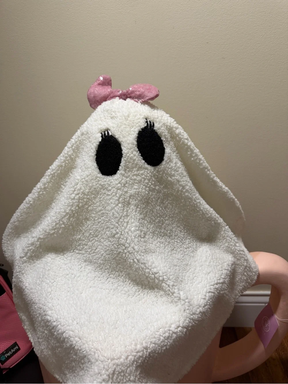 Halloween Sherpa Ghost with Pink Bow & Eyelashes Pillow